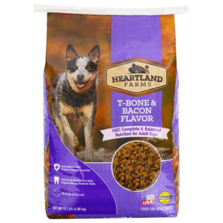 Save $1.30 on Heartland Farms Dog Food Tender & Crunchy 12lb, T-Bone & Bacon 15lb, Steak & Vegetable 15lb, or Beef & Chicken Hi Protein 12lb