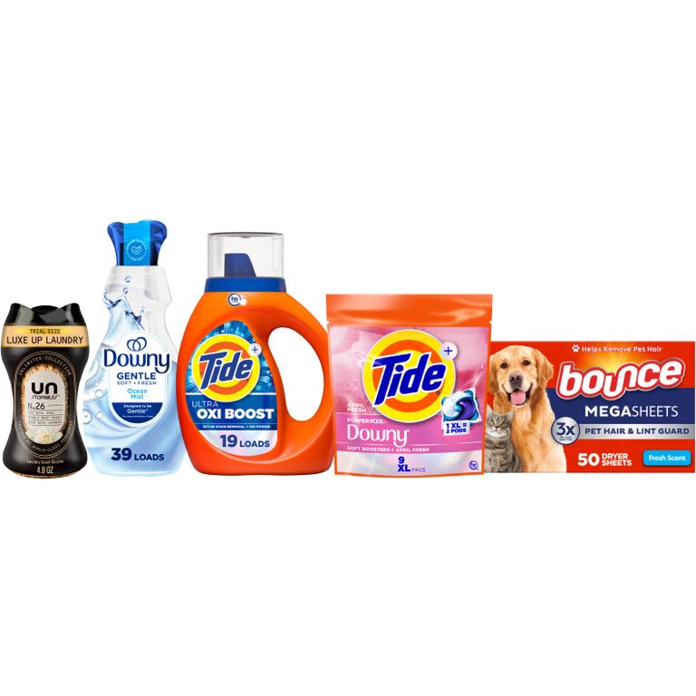 TWO Tide® Liquid Laundry Detergent 19-25 Load/27-29 oz., Pods™ 14 ct., Power Pods™ 9ct., or Downy® Beads 4.8-5.0 oz., Sheets 105 ct., Mega Sheets 50 ct., Liquid Fabric Softener 60 Load/44 oz., Ultra Soft Liquid Fabric Softener 39 Load/26 oz., or Bounce® Sheets 105 ct., Mega Sheets 50 ct. Assorted. Reg. $5.00-$5.50. Must buy 2.
