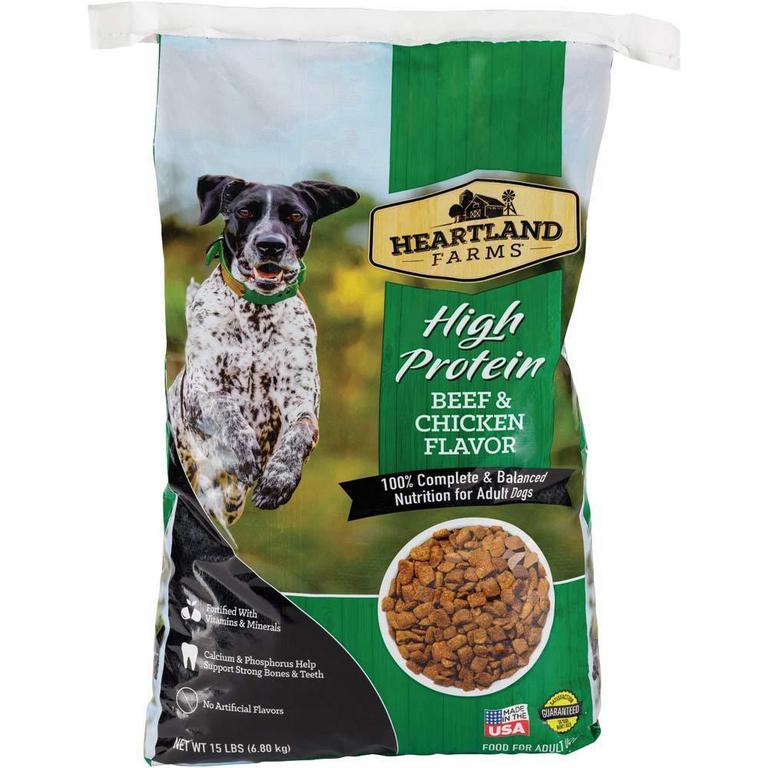 Save $0.75 on Heartland Farms Dog Food Tender & Crunchy or High Protein Beef & Chicken 12lb, or Steak & Vegetable or T-Bone & Bacon 15lb/
