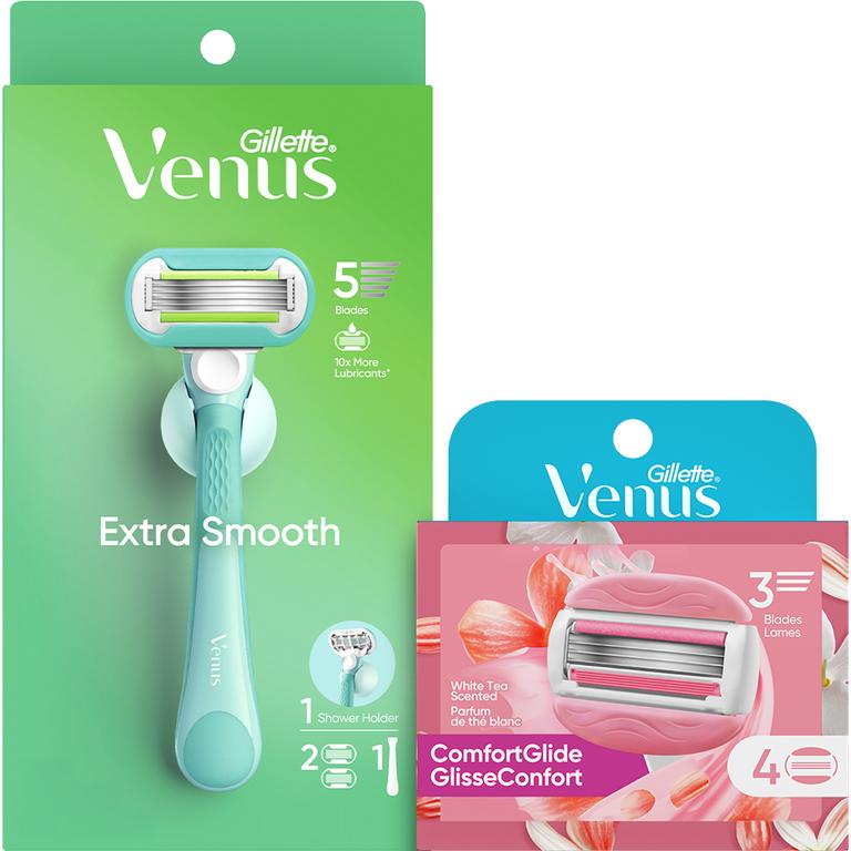 ONE Venus Razor OR ONE Cartridge Refill pack 4ct or larger (excludes 1-3ct cartridge refills with exception of SensitiveGlide 3ct cartridge refills, Smooth 4ct cartridge refills, Smooth handle with 4ct and 6ct refills, ComfortGlide White Tea handle with 5ct refill, Venus Pubic products, Gillette Products, disposables, and trial/travel size)./