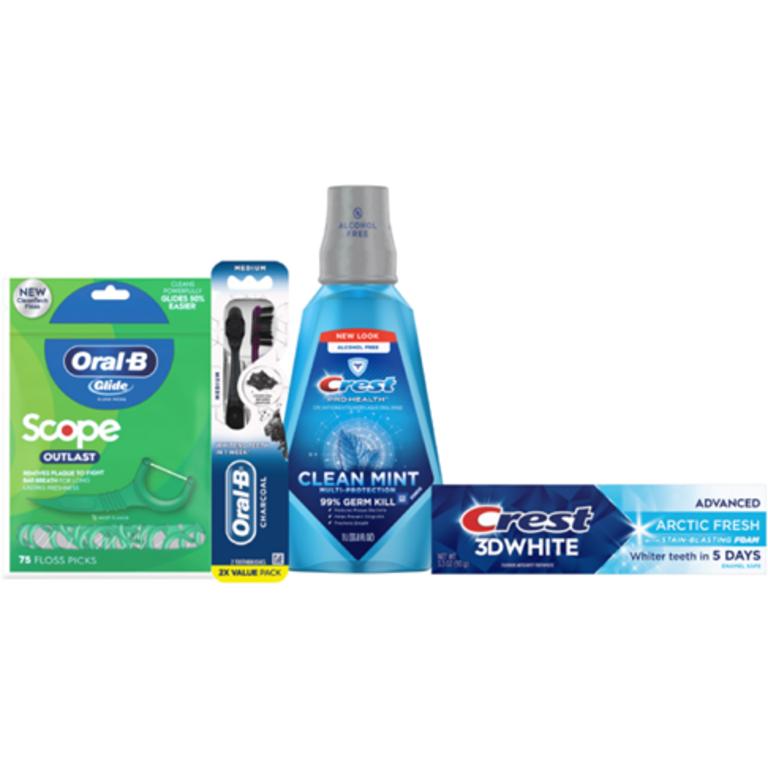 On TWO Crest Toothpaste 2.2 oz. or Larger, Oral-B Toothbrushes, Picks or Floss or Crest or Scope Mouthwash 473 ml or larger; Assorted (excludes trial/travel size)/