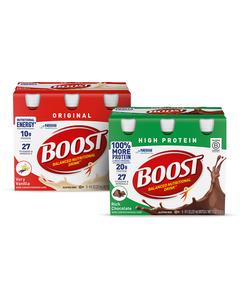 boost juice boxes Original Nutritional Drink Variety Pack, 1 Chocolate, 1 Vanilla, 1 Strawberry, 1 Peaches N Creme, 6 Bottles/Package, 4 Packs (24 Bottles Total) : Grocery & Gourmet Food Boost comes in 3 great flavors Boost Balanced Nutritional Drink, Rich