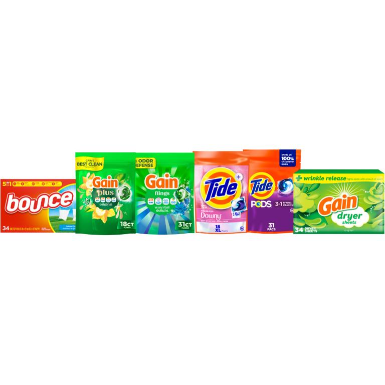 Buy ONE Gain® Flings!™ 31 ct., Plus Super Flings!™ 18 ct.,  or Tide® Pods™ 31 ct., Power Pods™ 18 ct., GET ONE Free Gain or Bounce® Sheets 34 ct. Assorted. Reg. $2.00-$9.95 ea./