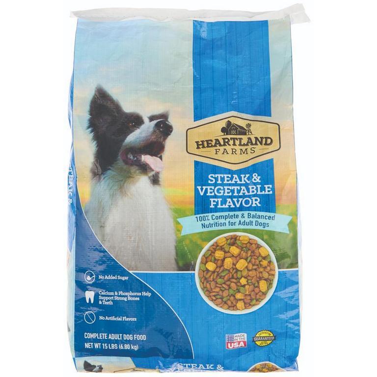 Save $1 on Heartland Farms Dog Food Tender & Crunchy or Beef & Chicken Hi-Protein 12lb or Steak & Vegetable or T-Bone & Bacon 15lb