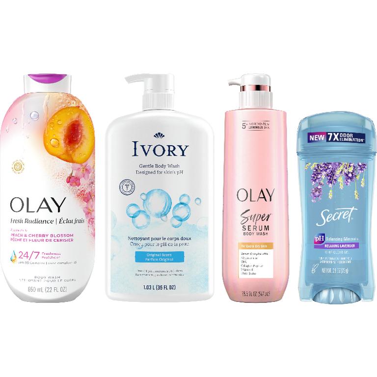 TWO (2) Secret Deodorant, Olay and Ivory Body Wash and Bar Soap