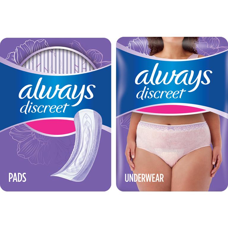 TWO Always Discreet 120ct, 111ct Liners, 26ct, 28ct, 33ct, 34ct, 39ct, 48ct, 54ct, 57ct, 66ct Pads OR 12-19 ct Underwear OR Always Discreet Boutique Underwear 9ct, 10ct, 12ct OR Boutique Pads 48ct, 28ct, 20ct (excludes all other Always Discreet counts, Always Discreet MaxiProtect and other Always products).
