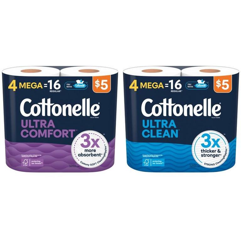 on TWO (2) Cottonelle Bath Tissue Ultra Clean or Ultra Comfort 4ct Mega Rolls