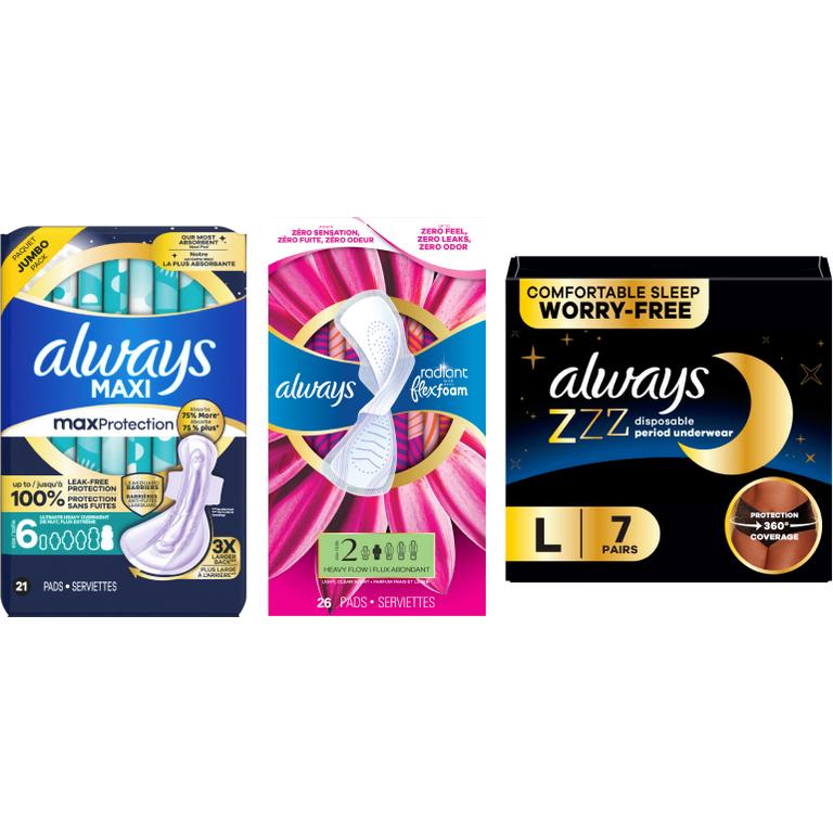 ONE Always Maxi Pad Size 6, Always ZZZs OR Always Infinity, Radiant, Pure Cotton or Pocket Flexfoam Pads (excludes trial/travel size)./