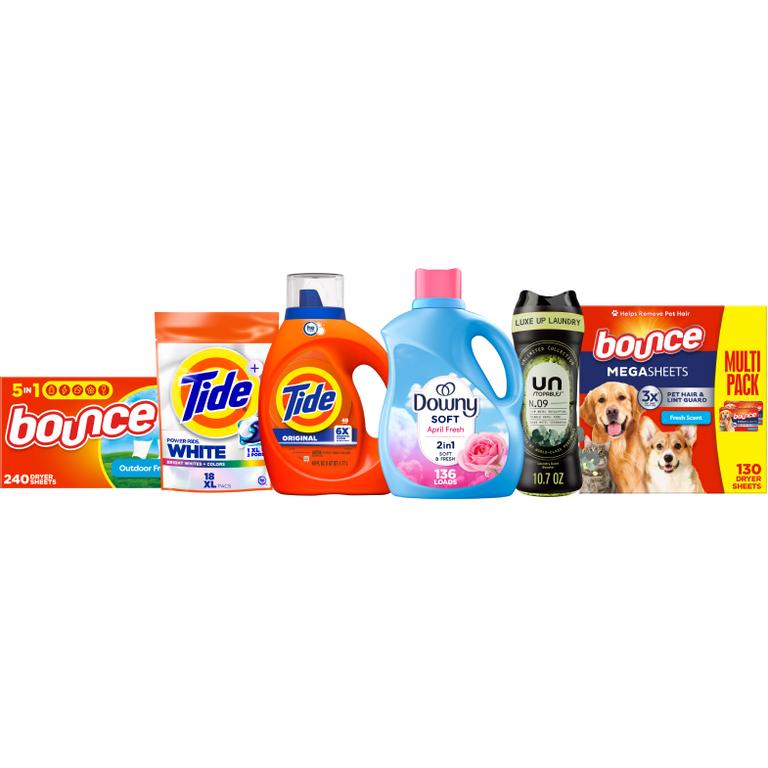 ONE Tide Power Pods 18 ct., Pods 31 ct., Liquid Laundry Detergent 39-48 Load/55-63 oz., or Downy beads 10.7 oz. or 12.2 oz. or 13 oz., Liquid Fabric Softener 136 Load/100oz, Ultra Soft Liquid Fabric Softener 83 Load/56 oz, or Bounce Sheets 240 ct., or Pet Dryer Mega Sheets 130 ct. Reg. $9.95/