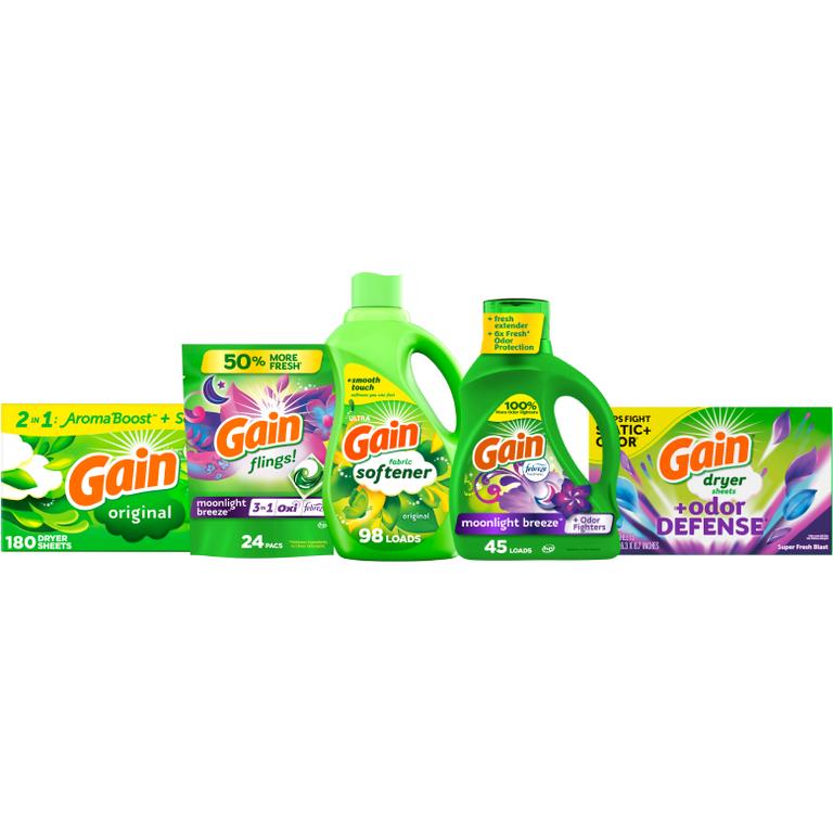 ONE Gain Flings 24 ct., Liquid Laundry Detergent 45 Load/65 oz., Liquid Fabric Softener 98 Load/72 oz., or Sheets 180 ct., or Powder Detergent 44 load/40 oz. Reg. $7.50/