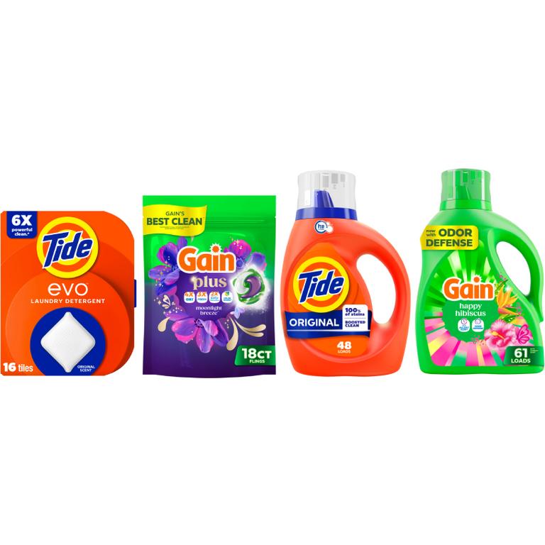 ONE Gain® Liquid Laundry Detergent 61 Load/81 oz., Plus Liquid Laundry Detergent 45-50 Load/60-66 oz., Flings!™ 31 ct., Plus Super Flings!™ 18 ct., or Tide® Liquid Laundry Detergent 39-48 Load/55-63 oz., evo™ Tiles 16ct, Pods™ 31 ct., Power Pods™ 18 ct. Assorted