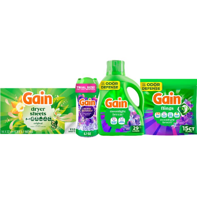 TWO Gain® Liquid Laundry Detergent 24-29 Load/32-46 oz., Flings!™ 15 ct., Liquid Fabric Softener 60 Load/44 oz., Fireworks™ 5.7oz., Sheets 110 ct.  Assorted. Reg. $5 ea. Must buy 2.