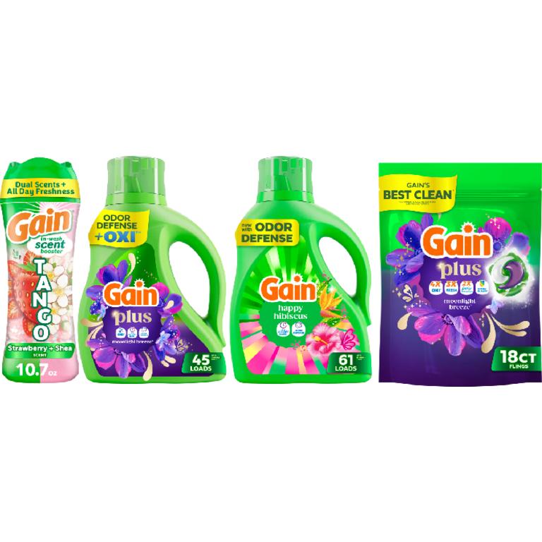 ONE Gain® Liquid Laundry Detergent 61 Load/81 oz., Plus Liquid Laundry Detergent 45-50 Load/60-66 oz., Flings!™ 31 ct., Plus Super Flings!™ 18 ct., Liquid Fabric Softener 136 Load/100 oz., Fireworks™ 10.7-12.2 oz., Sheets 240 ct., or Rinse 36.7 oz. Assorted