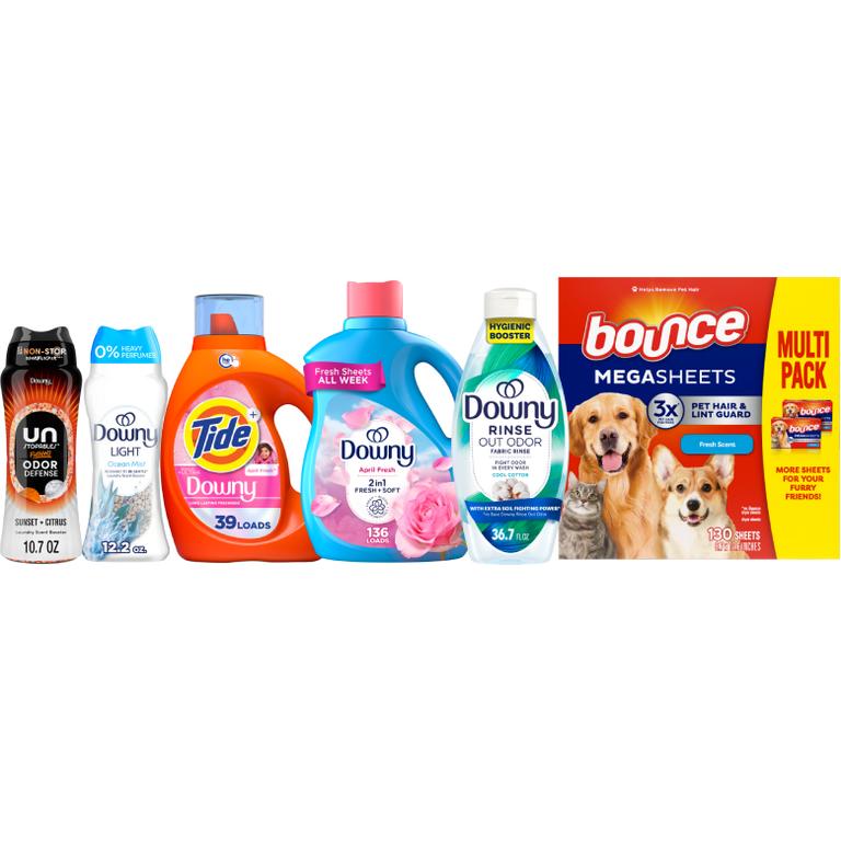ONE Tide® Liquid Laundry Detergent 39-48 Load/55-63 oz., Pods™ 31 ct., Power Pods™ 18 ct., or Downy® Liquid Fabric Softener 136 Load/100 oz, Ultra Soft Liquid Fabric Softener 83 Load/56 oz., Beads 10.7-13 oz., Rinse 36.7 oz., or Bounce® Sheets 240 ct., Mega Sheets 130 ct. Assorted/