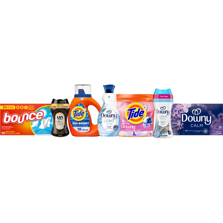 ONE Tide® Liquid Laundry Detergent 19-23 Load/27-29 oz., Pods™ 14ct., Power Pods™ 9ct., or Downy® Beads 4.8-5.7 oz., Sheets 110 ct., Mega Sheets 55 ct., Liquid Fabric Softener 60 Load/44 oz., Ultra Soft Liquid Fabric Softener 39 Load/26 oz., or Bounce® Sheets 110 ct., Mega Sheets 40 ct. Assorted.