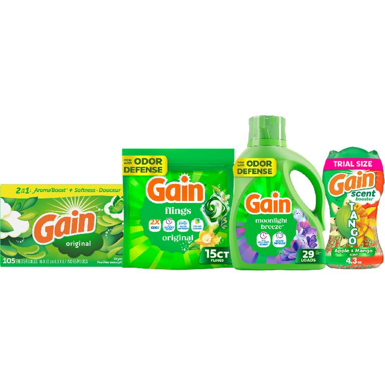 THREE Gain® Liquid Laundry Detergent 29-32 Load/39-46 oz., Flings!™ 15 ct., Fireworks™ 4.3-5 oz., Liquid Fabric Softener 48-60 Load/35-44 oz., or Sheets 105 ct. Assorted. Reg. $3.95-$5.00 ea. Must buy 3./