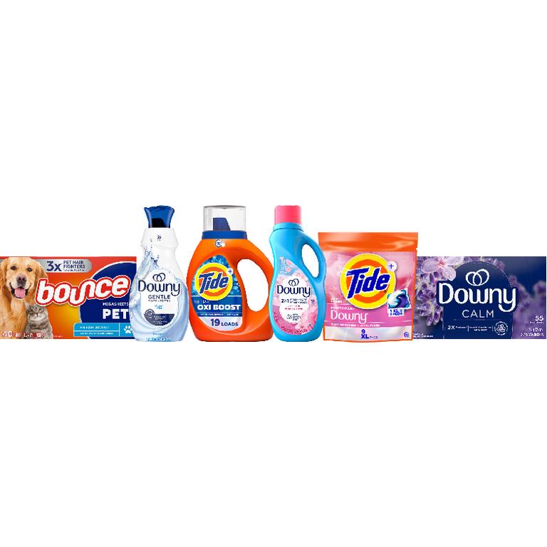 TWO Tide® Liquid Laundry Detergent 19-23 Load/27-29 oz., Pods™ 14ct., Power Pods™ 9ct., or Downy® Beads 4.8-5.7 oz., Sheets 110 ct., Mega Sheets 55 ct., Liquid Fabric Softener 60 Load/44 oz., Ultra Soft Liquid Fabric Softener 39 Load/26 oz., or Bounce® Sheets 110 ct., Mega Sheets 40 ct. Assorted. Reg. $5.00. Must buy 2.