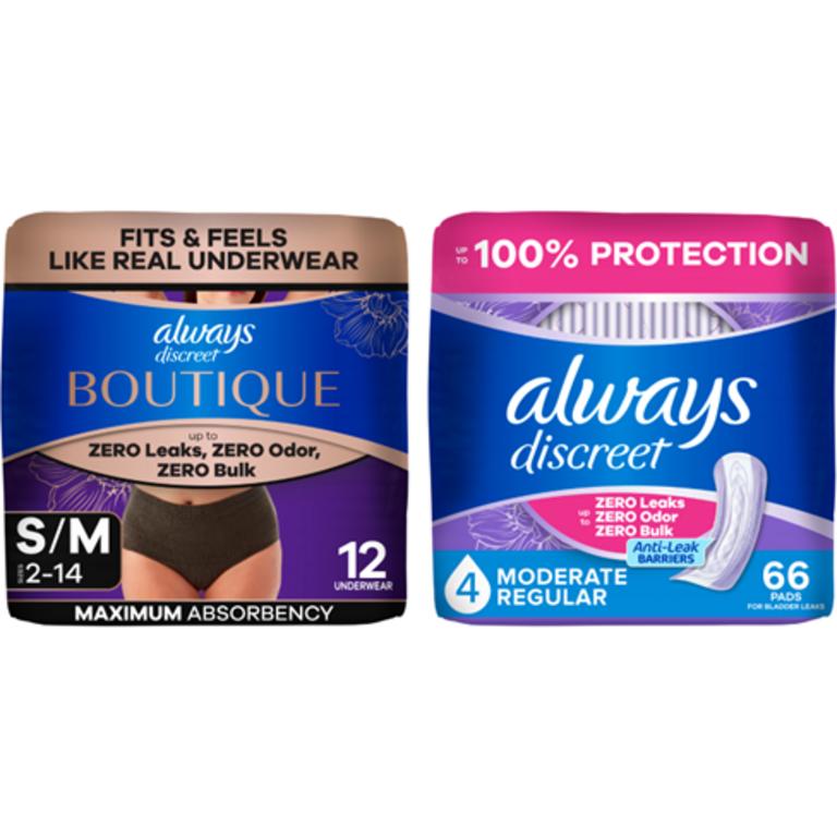 On TWO Always Discreet Pads and Boutique Underwear (select counts) (excludes trial/travel size)