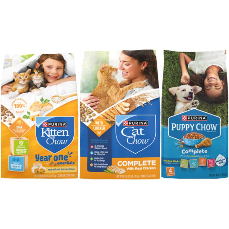on ONE (1) 4 lb bag of Puppy Chow® Dry Dog Food, OR ONE (1) 3.15 lb bag of Cat Chow® or Kitten Chow® Dry Cat Food