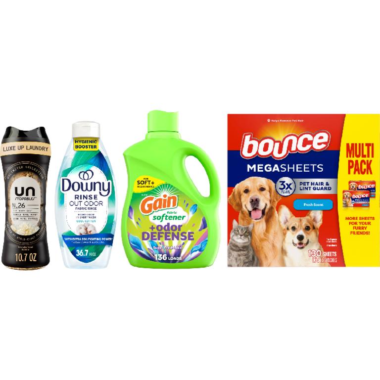 ONE Gain® Liquid Fabric Softener 136 Load/100 oz., Fireworks™ 10.7-12.2 oz., Sheets 240 ct., Rinse 36.7 oz. or Downy® Liquid Fabric Softener 136 Load/100 oz, Ultra Soft Liquid Fabric Softener 83 Load/56 oz., Beads 10.7-12.2 oz., Rinse 36.7 oz., or Bounce® Sheets 240 ct., Mega Sheets 130 ct. Assorted