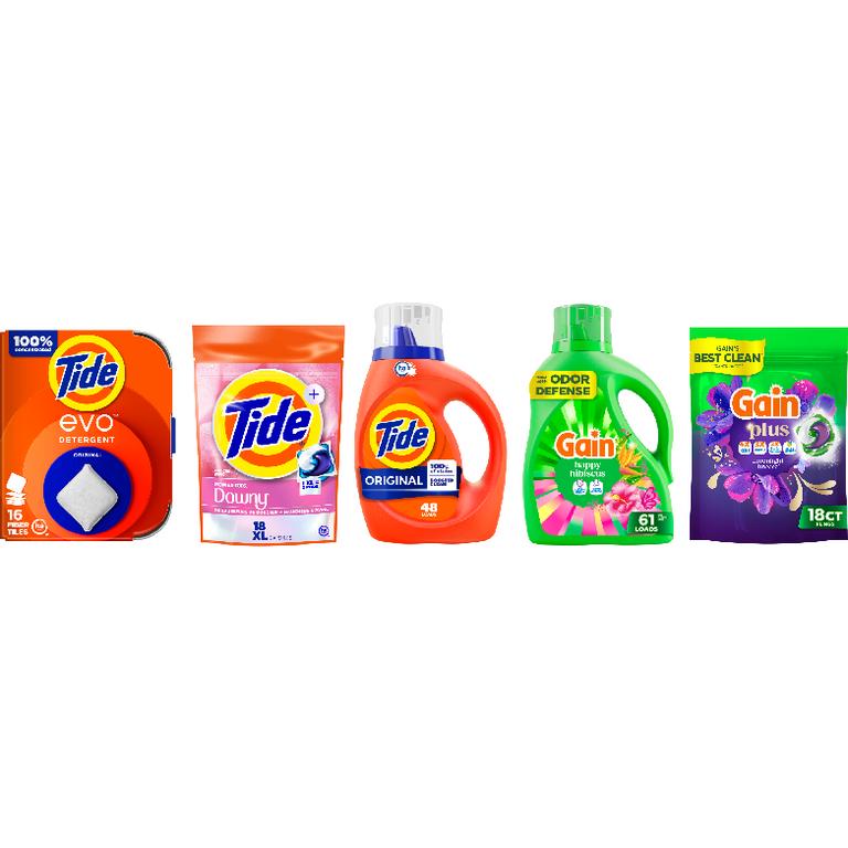 ONE Gain® Liquid Laundry Detergent 61 Load/81 oz., Plus Liquid Laundry Detergent 45-50 Load/60-66 oz., Flings!™ 31 ct., Plus Super Flings!™ 18 ct., or Tide® Liquid Laundry Detergent 39-48 Load/55-63 oz., Pods™ 31 ct., Power Pods™ 18 ct. Or evo ™ 16ct. Assorted