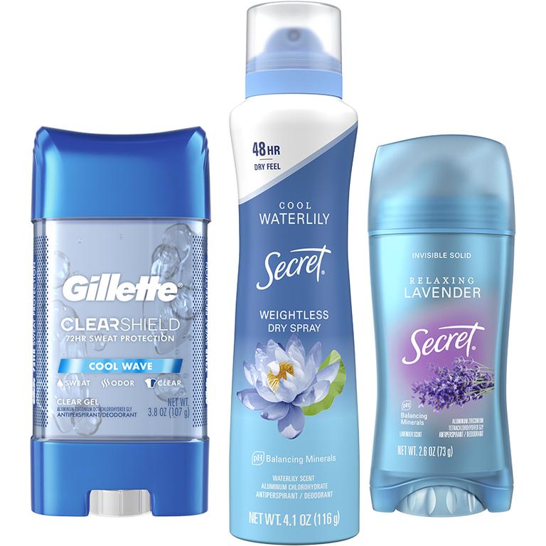 ONE Secret Fresh, Outlast, Aluminum Free, Dry Sprays, Gillette Clear Gel Antiperspirant/Deodorant or Gillette Dry Spray Antiperspirant/Deodorant (excludes trial/travel size)./