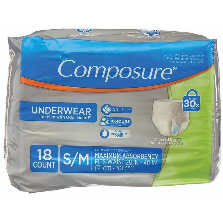 Save $2 when you buy 2 Composure Protective Underwear Men's or Unisex Sizes: S/M-XL or Women's Sizes: S/M-XXL Counts: 12-18 Assorted