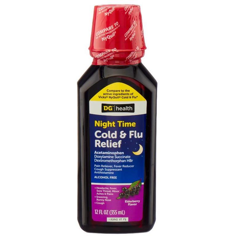 Save $1 on DG Health Night Time Cold & Flu Relief Liquid Original, Berry, Cherry, or Elderberry 12 oz.
