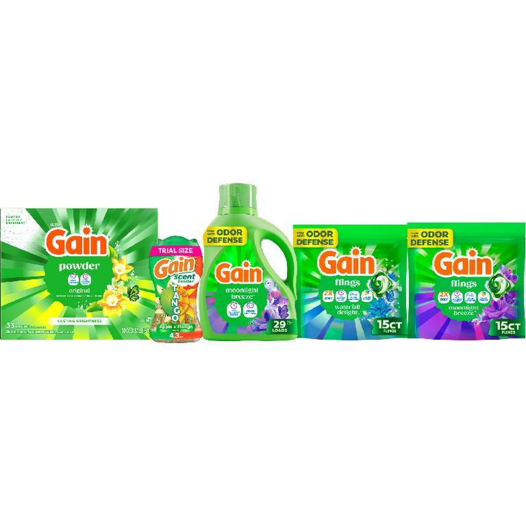 on ONE Gain® Liquid Laundry Detergent 29-32 Load/39-46 oz., Flings!™ 15 ct., Powder Detergent 33 Load/30 oz., or Liquid Fabric Softener 48 - 60 Load/35 - 44 oz., Fireworks™ 4.3-5 oz., Sheets 105 ct. Assorted. Reg. $3.95-$5.50