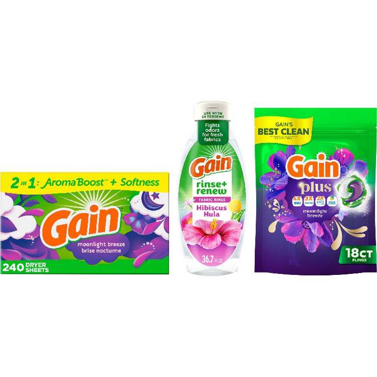 ONE Gain® Liquid Laundry Detergent 61 Load/81-88 oz., Flings!™ 31 ct., Plus Super Flings!™ 18 ct., Liquid Fabric Softener 136 Load/100 oz., Sheets 240 ct., or Rinse 36.7 oz. Assorted