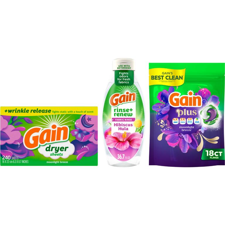 on ONE Gain® Liquid Laundry Detergent 61 Load/81-88 oz., Flings!™ 31 ct., Plus Super Flings!™ 18 ct., Liquid Fabric Softener 136 Load/100 oz., Sheets 240 ct., or Rinse 36.7 oz. Assorted