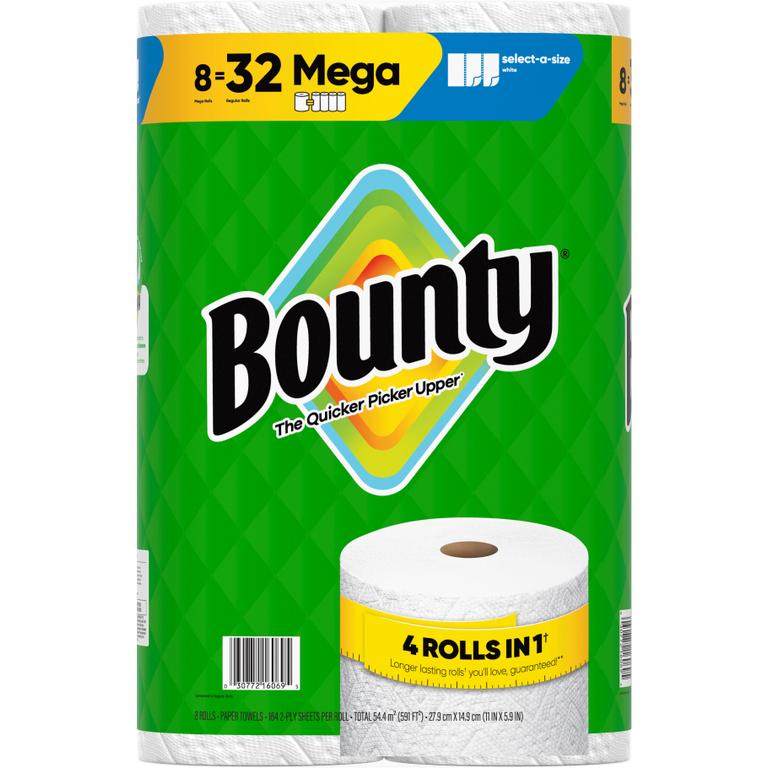 ONE Bounty Paper Towel Product 8 Roll Count or Larger (Includes 6 Mega Roll, 6 Mega XL Roll and 6 Triple Plus Roll) (Excludes 12 Double Roll, Bounty Essentials and trial/travel size).