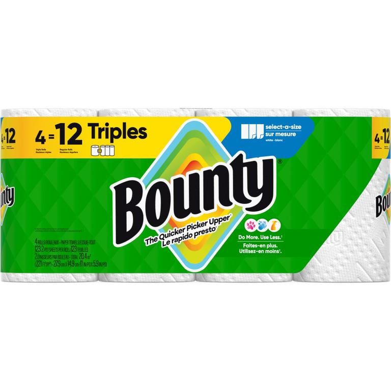 ONE Bounty Paper Towel Product 4 Triple Roll, 6 Double Roll, 6 Double Plus Roll, 6 Triple Roll, 6 Triple Plus Roll, 8 Double Roll and 8 Double Plus Roll (excludes Bounty Essentials and trial/travel size).