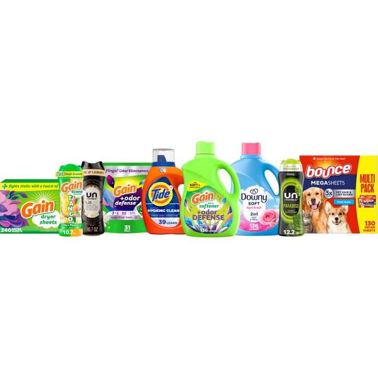 Buy ONE Gain Liquid Laundry Detergent 61 Load/88 oz., Flings 31 ct., Super Flings 18 ct., Liquids Fabric Softener 136 Load/100 oz., Fireworks 10.7 oz. or 12.2 oz., Sheets 240 ct., or Tide Power Pods 18 ct., Pods 31 ct., Liquid Laundry Detergent 39-48 Load/55-63 oz., or Downy beads 10.7 oz. or 12.2 oz. or 13 oz., Liquid Fabric Softener 136 Load/100oz, Ultra Soft Liquid Fabric Softener 83 Load/56 oz, or Bounce Sheets 240 ct., or Pet Dryer Mega Sheets 130 ct. Reg. $9.95/