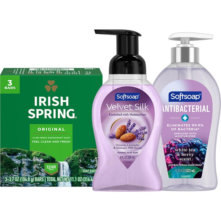 On any TWO (2) Irish Spring or Softsoap Body Washes (12oz or larger), Softsoap Liquid Foaming Hand Soap Pumps (9oz ONLY), Softsoap Liquid Hand Soap Pumps (11.25oz ONLY) or Irish Spring Bar Soap Multipacks (3ct or larger)