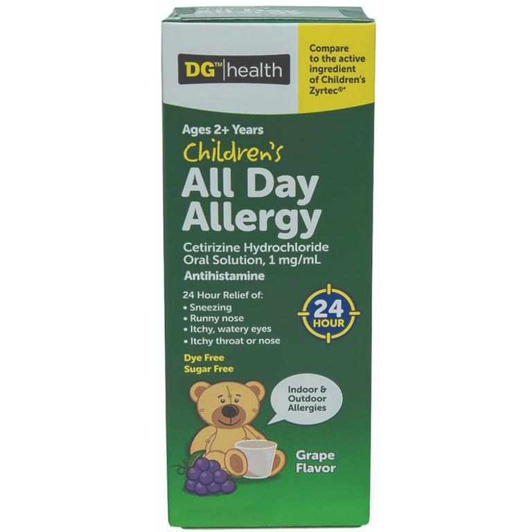 Save $1 on DG health Children's Cetrizine or Lortadine Allergy Relief Liquid Grape 4oz, Cough DM Liquid Orange 3oz or Infants' Ibuprofen Dye-Free Drops 1oz/