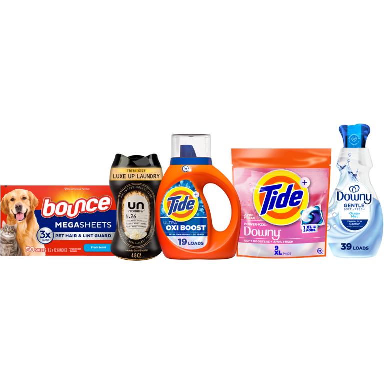 On ONE Tide® Liquid Laundry Detergent 19-25 Load/27-29 oz., Pods 14ct., Power Pods 9ct., or Downy® Beads 4.8-5.0 oz., Sheets 105 ct., Mega Sheets 50 ct., Liquid Fabric Softener 60 Load/44 oz., Ultra Soft Liquid Fabric Softener 39 Load/26 oz., or Bounce® Sheets 105 ct., Mega Sheets 50 ct. Assorted. Reg. $5.00-$5.50 (excludes trial/travel size)