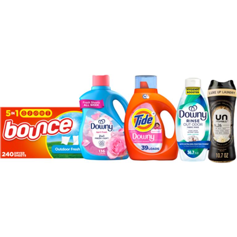 On ONE Tide® Liquid Laundry Detergent 39-48 Load/55-63 oz., Pods 31 ct., Power Pods 18 ct., or Downy® Liquid Fabric Softener 136 Load/100 oz, Ultra Soft Liquid Fabric Softener 83 Load/56 oz., Beads 10.7-13 oz., Rinse 36.7 oz., or Bounce® Sheets 240 ct., Mega Sheets 130 ct. Assorted (excludes trial/travel size)
