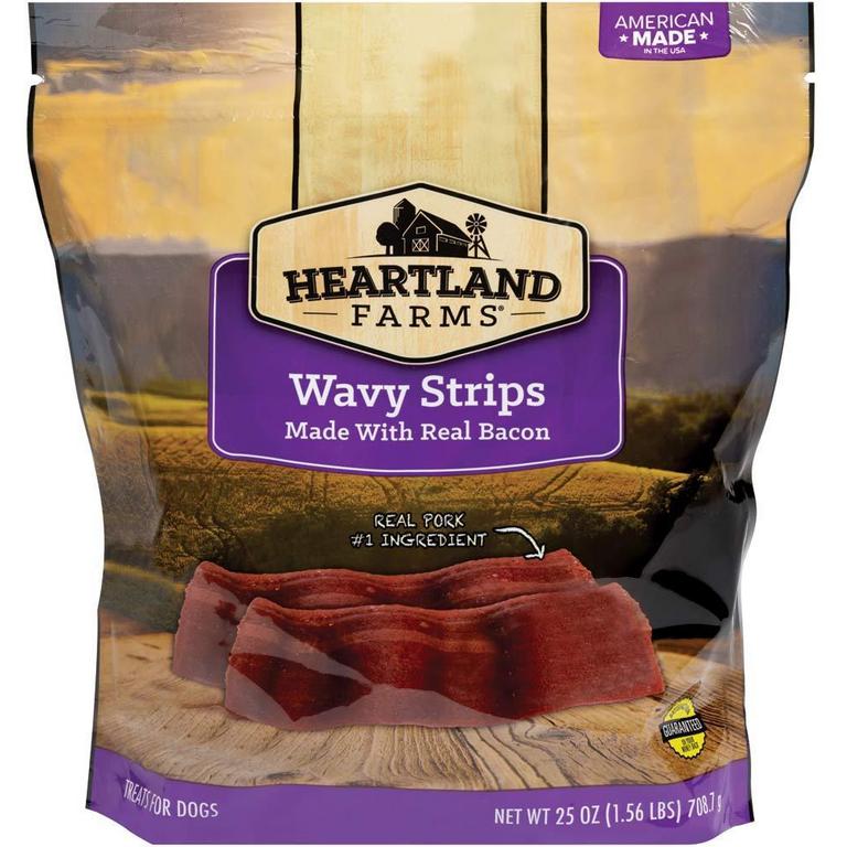 Save $1 on Heartland Farms Dog Treats Wavy Strips or Bacon or Jerky Sticks 25oz/