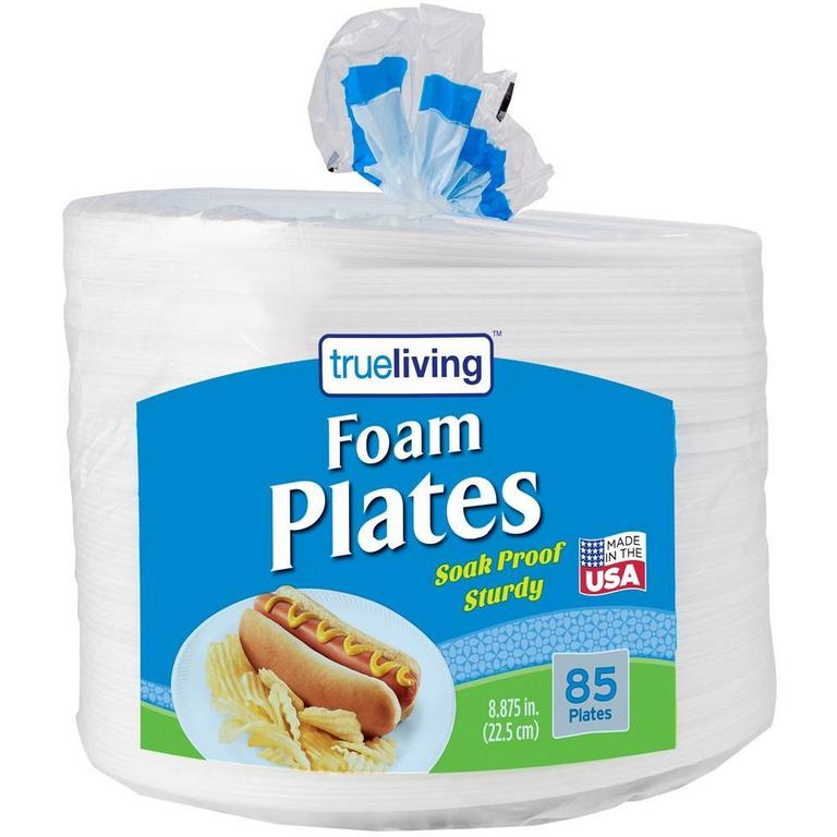 Save $0.50 on True Living Foam Plates 8.875in/85ct, Deep Dish Foam Plates 10in/40ct, Hinged Trays 14ct or foam Compartment Trays 20ct/