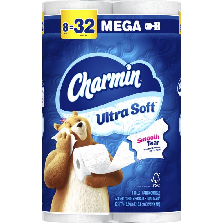 ONE Charmin Ultra Toilet paper product 4 roll count or larger (excluding 9 MEGA Roll, 12 MEGA, 6 MEGA XL Roll, 8 MEGA XL Roll, 18 MEGA XL, 24 MEGA XL Roll, 12 MEGA XXL Roll pack sizes, Charmin Essentials, Charmin Forever Roll and trial/ travel size)/