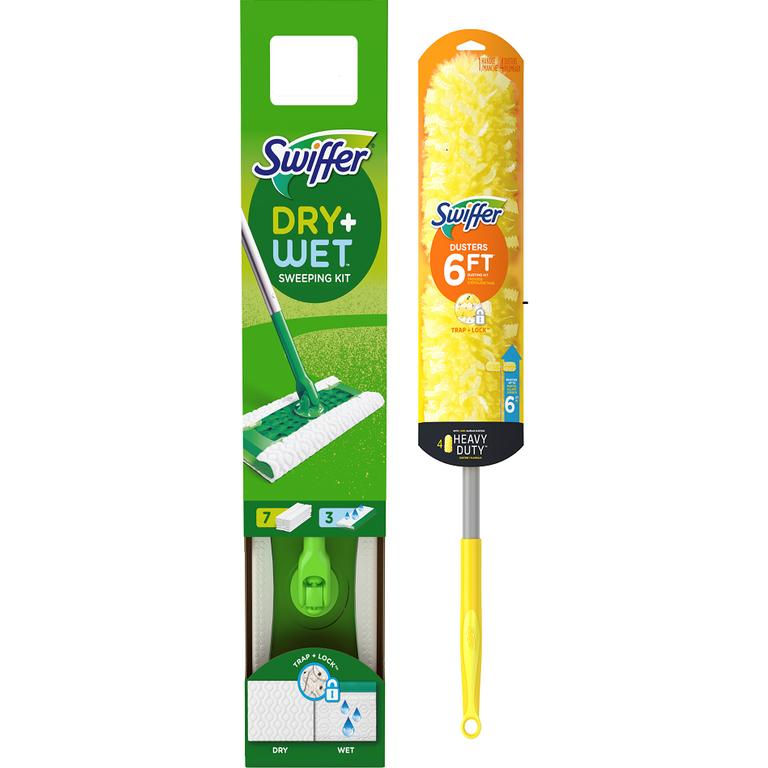 TWO Swiffer PowerMop, Sweeper Deluxe, Sweeper XL, 3ft or 6ft Duster Starter Kits OR Swiffer Refill (includes 20ct or larger Dry and Wet cloth refills, 10ct or larger XL Dry and Wet cloth refills, PowerMop and WetJet pad refills, PowerMop and WetJet 2ct solution refills, and 6ct or larger Duster refills)./
