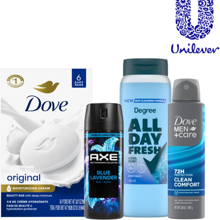 any ONE (1) participating Axe® Body Wash 16 oz, Dove® Bar Soap 6 ct, Dove® Body Wash 20 oz, Degree® Body Wash 20 oz, Axe® Body Spray 4 oz, Dove® or Dove Men+Care® Dry Spray 3.8 oz OR Dove® Whole Body Deodorant Product/