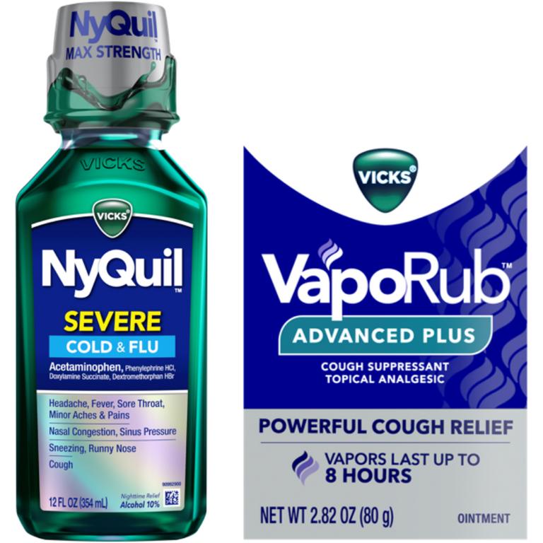 TWO DayQuil, NyQuil Adult & Kids, Sinex, Vapo, Vapo Drops, VapoCOOL Drops, Vapo Pops Kids (excludes 1oz, 4oz, 2ct & 8ct DayQuil or NyQuil products, NyQuil Adult Chews, VapoRub 12g, VapoCOOL Drops 12 & 18ct, and trial/travel sizes).