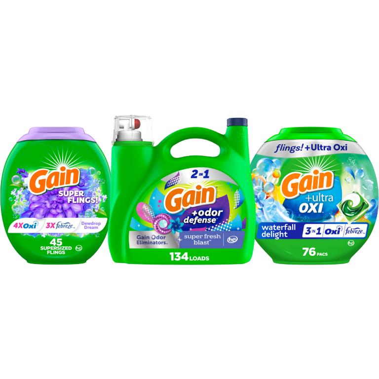 ONE Gain Liquid Laundry Detergent 134 Load/194 oz., or Flings 76 ct., or Super Flings 45 ct. Reg. $19.95/
