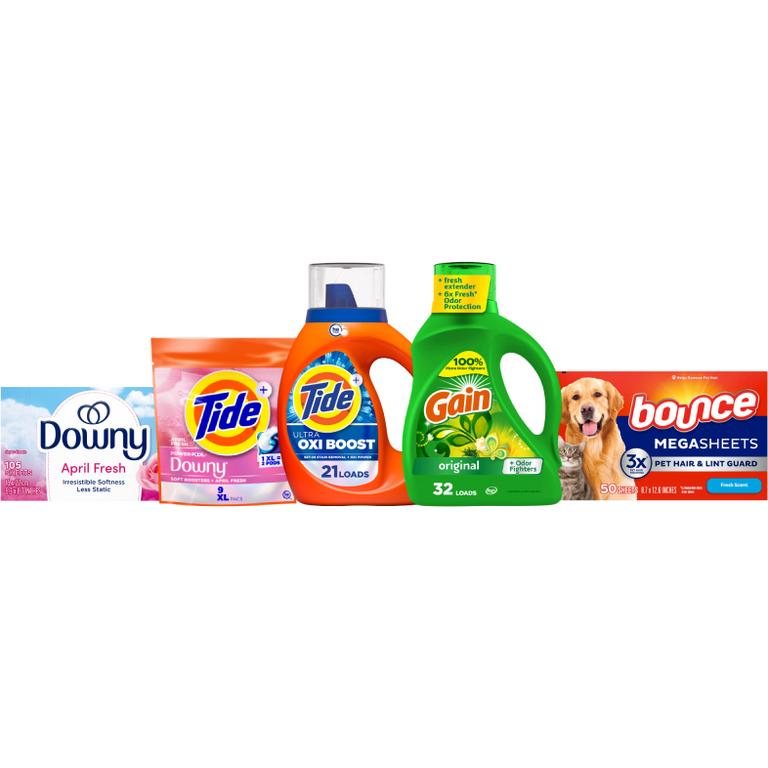 ONE Tide Liquid Laundry Detergent 21-25 Load/30-32 oz, Pods 16 ct., Power Pods 9 ct., or Gain Liquid Laundry Detergent 32 Load/46 oz., Downy Sheets 105 ct., Mega Sheets 50 ct., Bounce Sheets 105 ct., or Pet Mega Sheets 50 ct. Reg. $5.50/