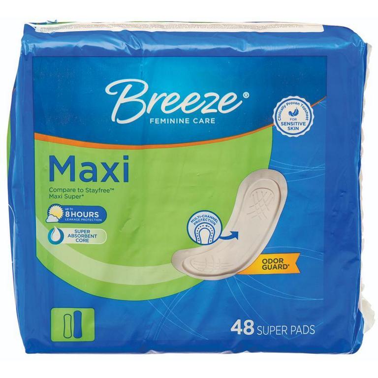 Save $0.50 on Breeze Pads Super 48ct Maxi Overnight 20ct or Ultra Thin Extra Heavy Overnight 24ct/