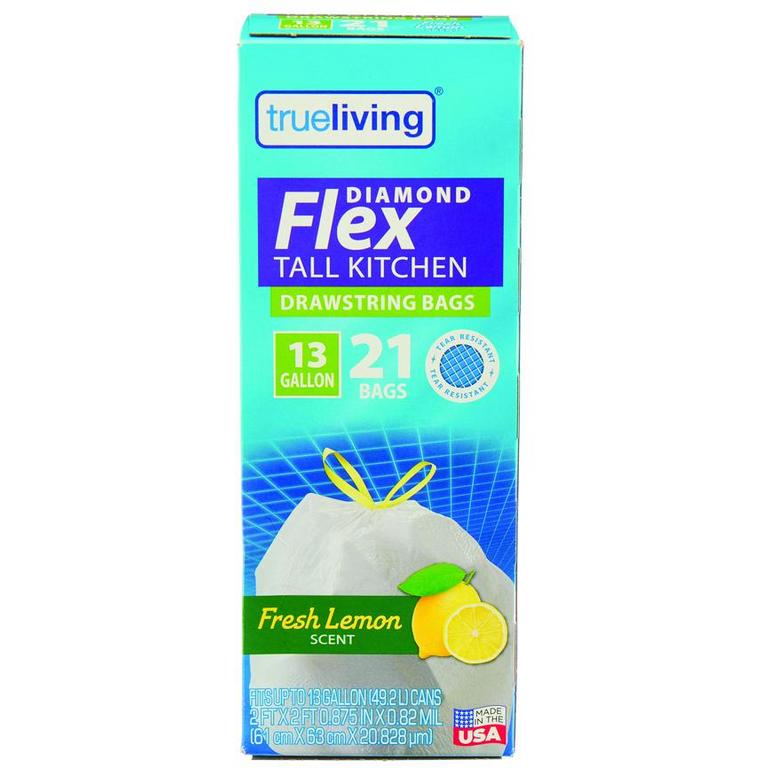 Save $1 on True Living Kitchen Bags Drawstring 13g/21-23ct, Trash Bags 30-33g/14ct or Lawn & Leaf 39g/11ct/