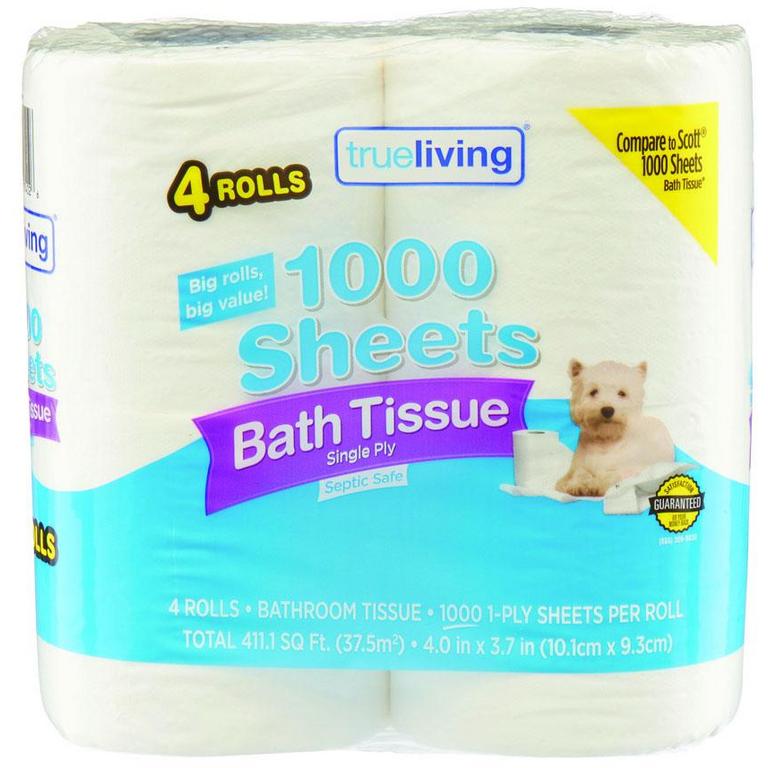 Save $0.50 on True Living Premium Bath Tissue 4 mega Rolls, Premium Paper Towels 2 Giant Rolls or Bath Tissue 1000 Sheets 4 rolls or Ultra Paper Towels 2 single plus rolls/