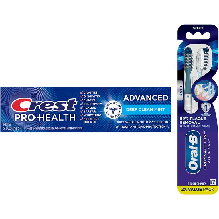 THREE Adult Crest Paste 2.4oz or more, Crest 3DW Deep Stain Remover, Crest Clean Breath, Crest Kids Advanced OR Burt's Bees Adult Paste 4.0oz or more, Crest, Scope OR Oral-B Mouthwash 473mL or larger, Scope Squeez, Oral-B Adult Manual Brush, Expandable/Oral-B Glide Floss OR Interdental Picks/Brush,(excludes Crest Cavity, Baking Soda, Tartar, other Kids Variants, Oral-B Essential toothbrushes, Daily Clean, Complete 1ct brushes, Essential/Satin Floss, Oral-B Fresh Mint Picks, trial/travel sizes).